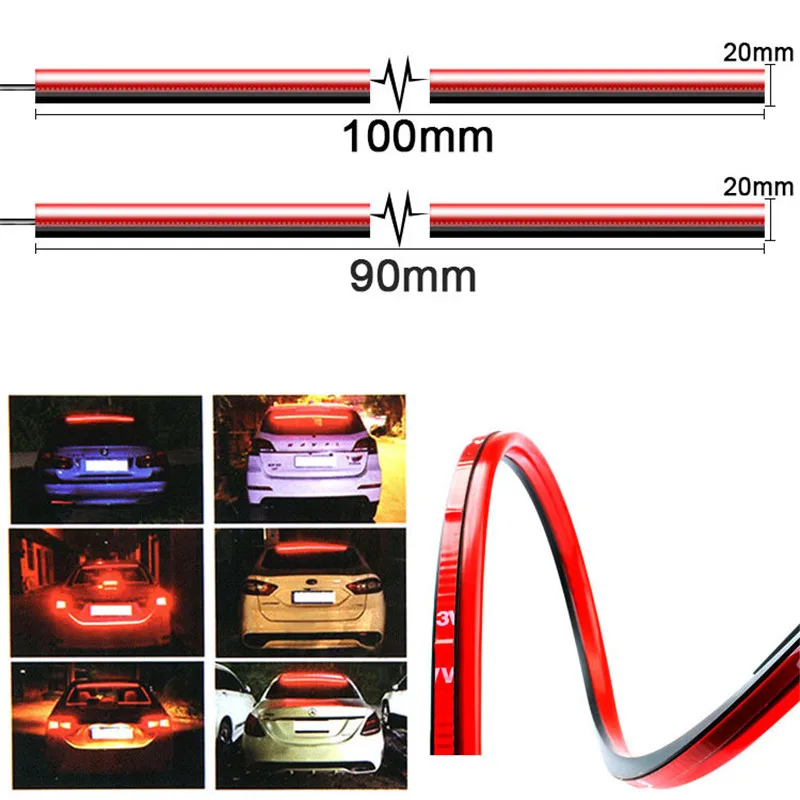 90cm/100cm Auto High Mount Brake Stop Lights Rear Additional Stop LED Lights Turn Signal Flashing DRL Running Lamp Strips