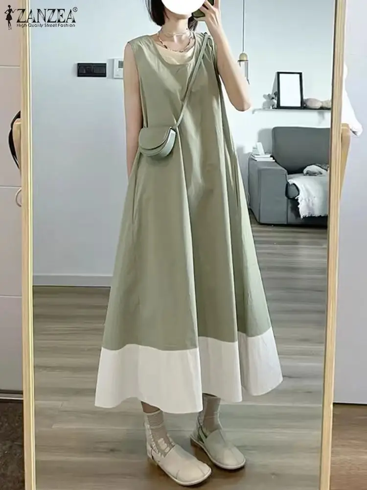 ZANZEA Korean Colorblock Tank Dress Women Summer Sleeveless Long Robe Holiday Round Neck Beach Vastidos Loose Patchwork Dresses