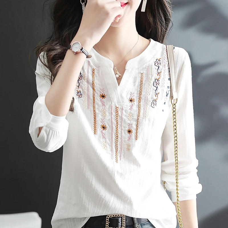 Women Spring Autumn White Blouses Lady Casual Embroidery V-Neck Long Sleeve Vintage Loose 100%Cotton Tops