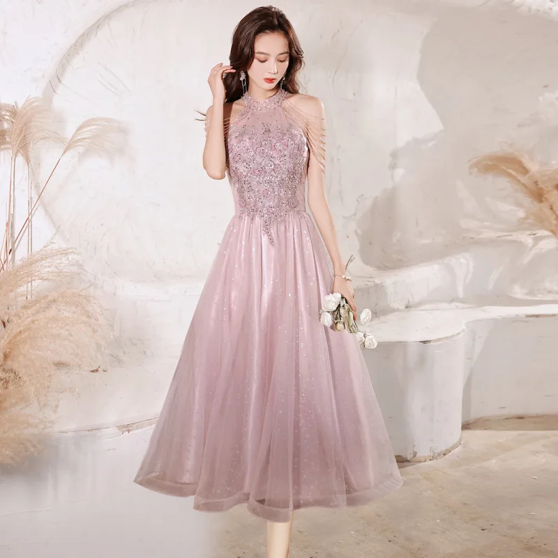 Temperament bridesmaid engagement pink evening dress drag queen costumes ballroom dance dress