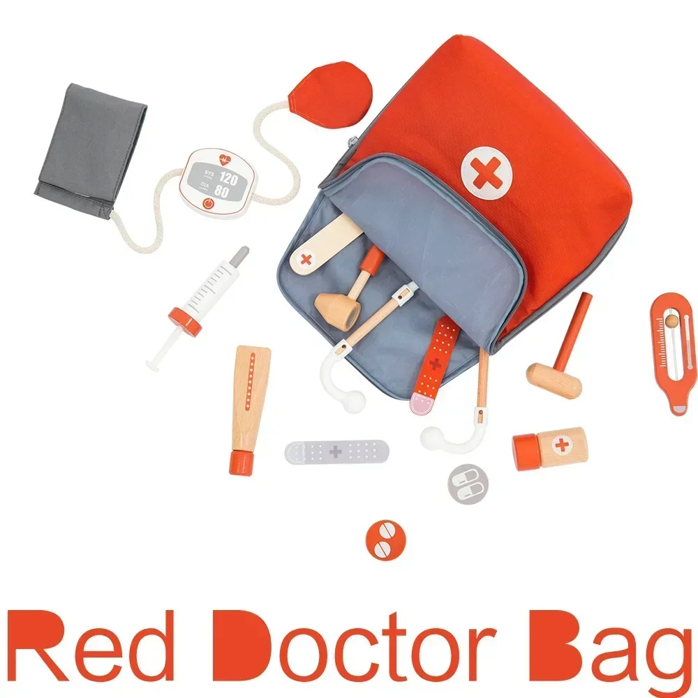 Kinder Holz Pretend Play Kit Spiele für Mädchen Jungen Rot Medizinische Zahnarzt Medizin Box Stoff Taschen Geschenke Arzt Spielzeug für Kinder Set