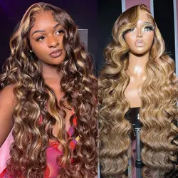 Perruque Lace Front Wig Body Wave naturelle, cheveux humains, blond miel, 13x4, à reflets, densité 200%