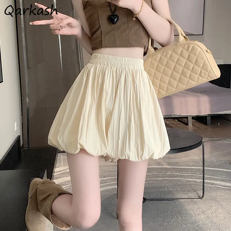 

Elastic Waist Shorts Women Mini Pleated Preppy Style Korean Fashion Baggy A-line Casual All-match Gentle Girls Chic Ulzzang New