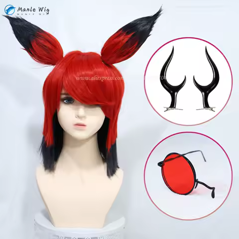 Hotel Alastor Cosplay Anime Wig Red Black Short Wigs With Ears Heat Resistant Synthetic Hair Halloween Wigs Props + Wig Cap