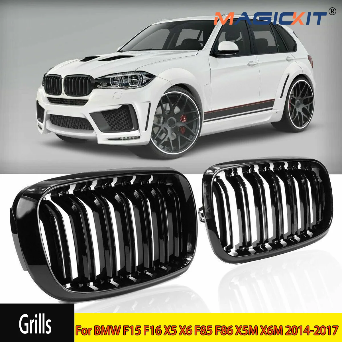 MagicKit 1 Pair Front Kidney Grille For BMW F15 F16 X5 X6 F85 F86 X5M X6M 2014-2017 Grills Gloss Black Replacement Part CAR