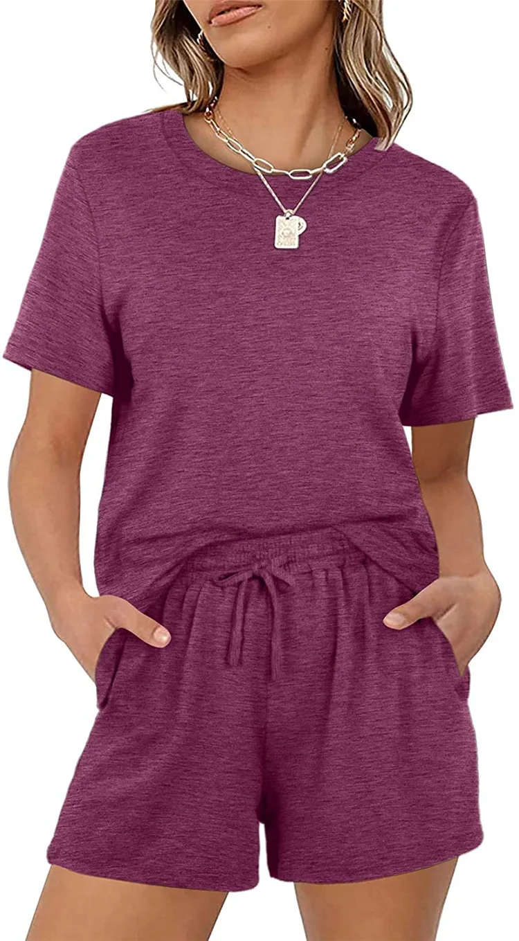 New Women's Casual Solid Color Short Sleeve Elastic Lace-up Pocket Shorts Set
