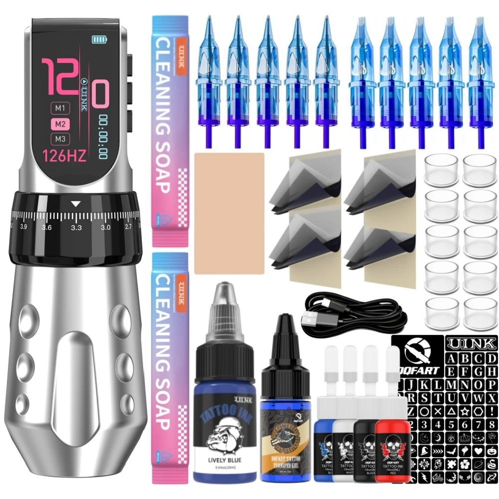 DQFART Brand T9Pro Silvery Colorful Led Digltal Display Electric Wireless Tattoo Machine 1700mAh Detachable Battery Tattoo Set