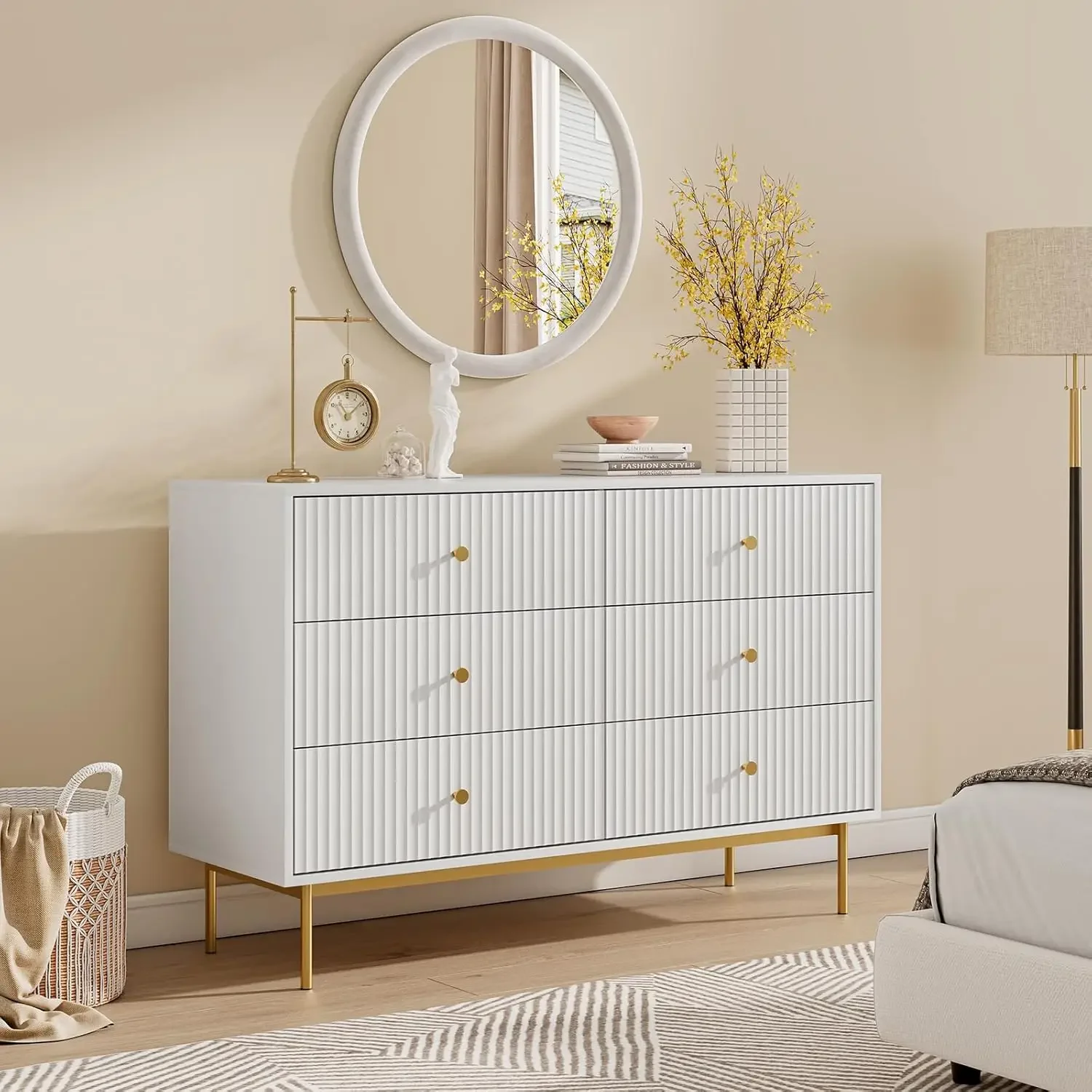 Dresser for Bedroom, White with Gold Handles, White 6 Drawer with Fluted Panels, Modern Wood Chest for B