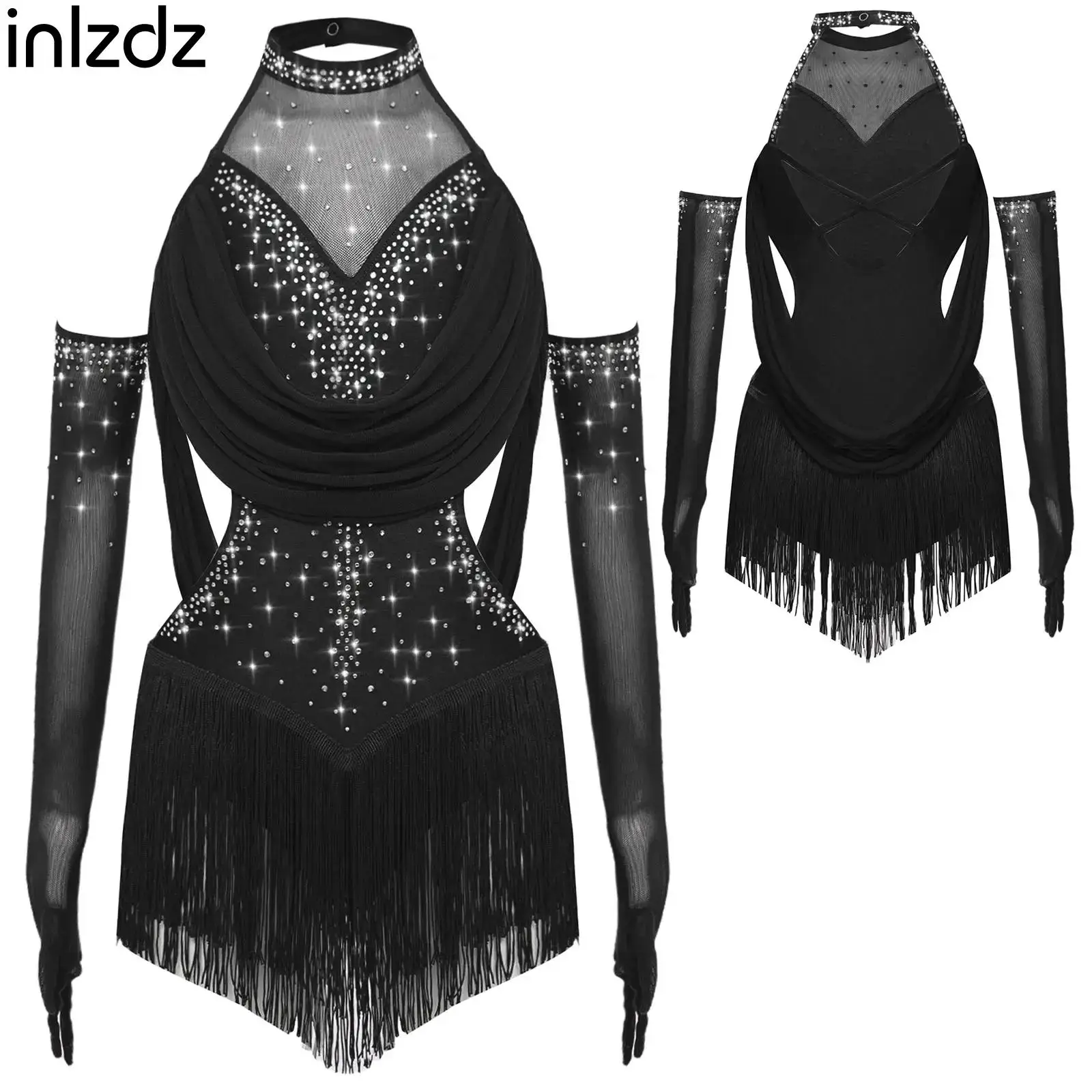 

Kids Girls Latin Jazz Dance Costume Outfit Ruched Mesh Drapes Cutout Tassel Glittery Rhinestones Leotard with 1 Pair Mesh Gloves