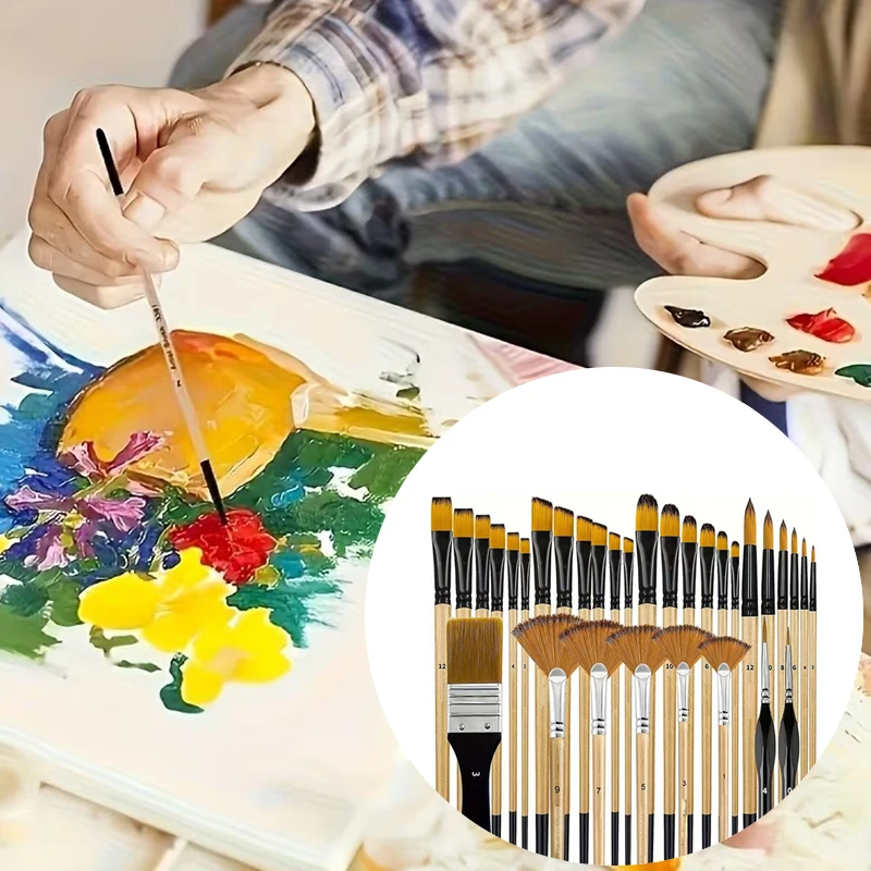 32PCS/Pack Nylon Paint Brush Set Wooden Handle for Acrylic Oil Watercolor Painting Round Flat Fan Angled Tip Artist Supplies ZYF