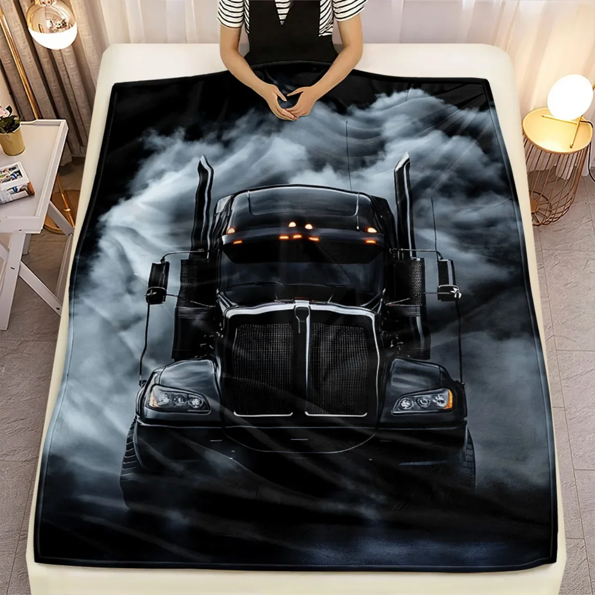 Black truck blanket trucker gift flannel  vehicle printman cave decor truck