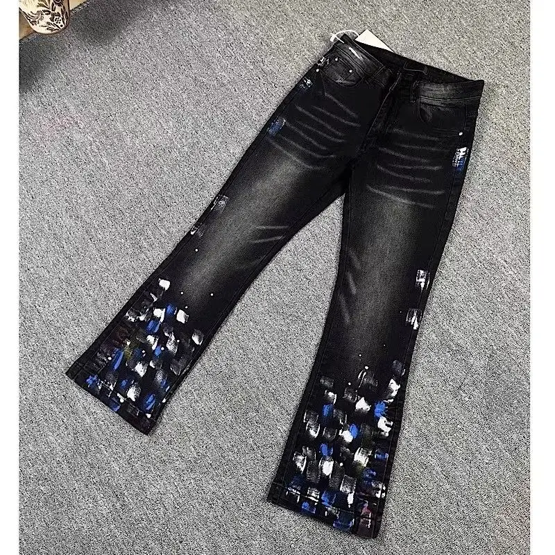 

American Sle Bla fiti Dyeing Jeans Retro High Street Slim Fit Luxury Versatile Long Trousers Youth Faion Cotton Pol...