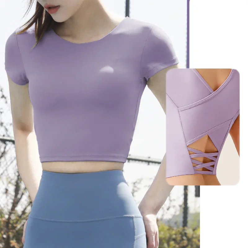 

PofyBofy Yoga Crop Bra Short Sleeve Bra Gym Crops Fitness Crop Top Running Top with Build-in Bra Pilates Crop Workout Sports