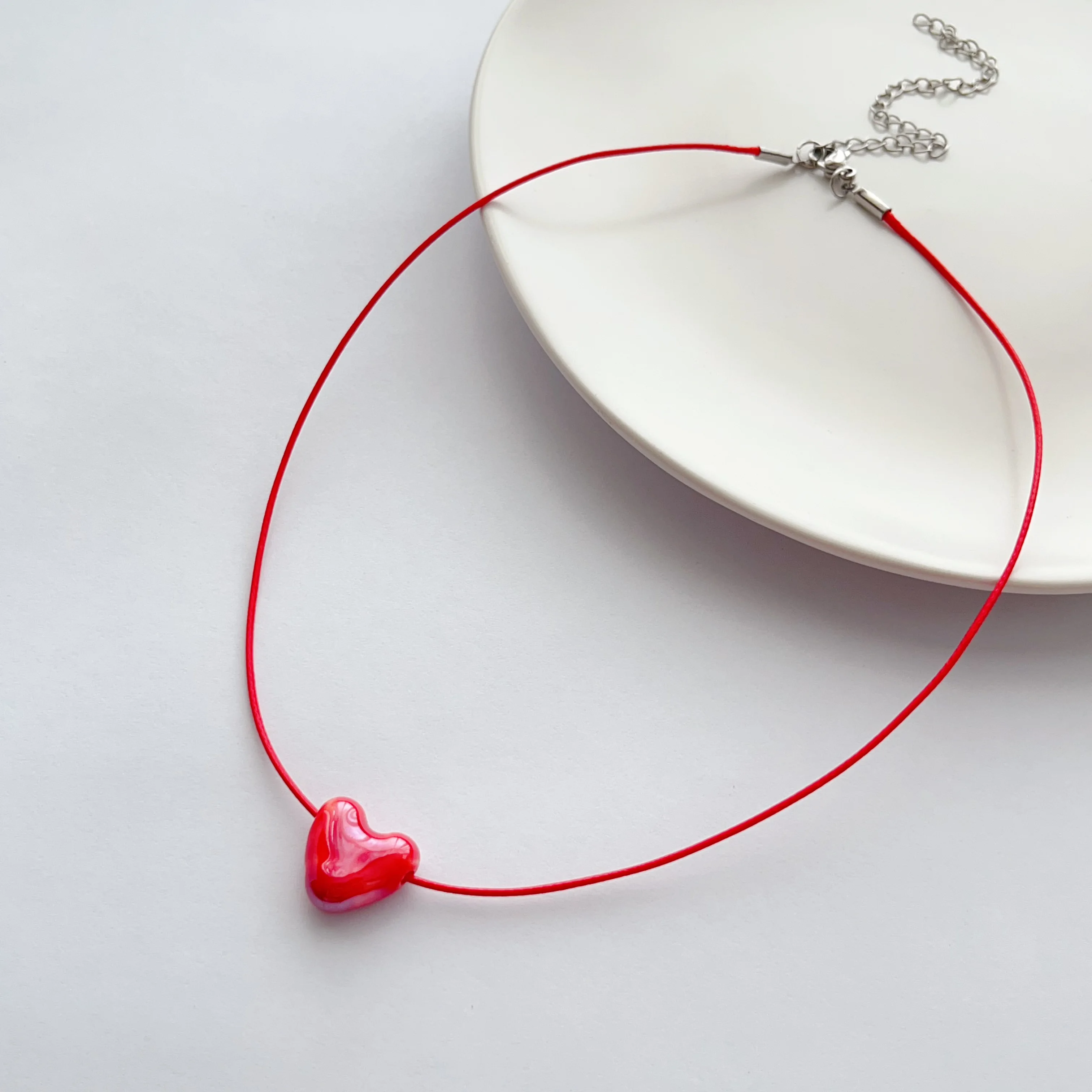 Red Rope Red Heart Necklace Girls' Clothing Accessories Summer Non-Fading Neck Chain Retro Jewelry Sweet and Cute