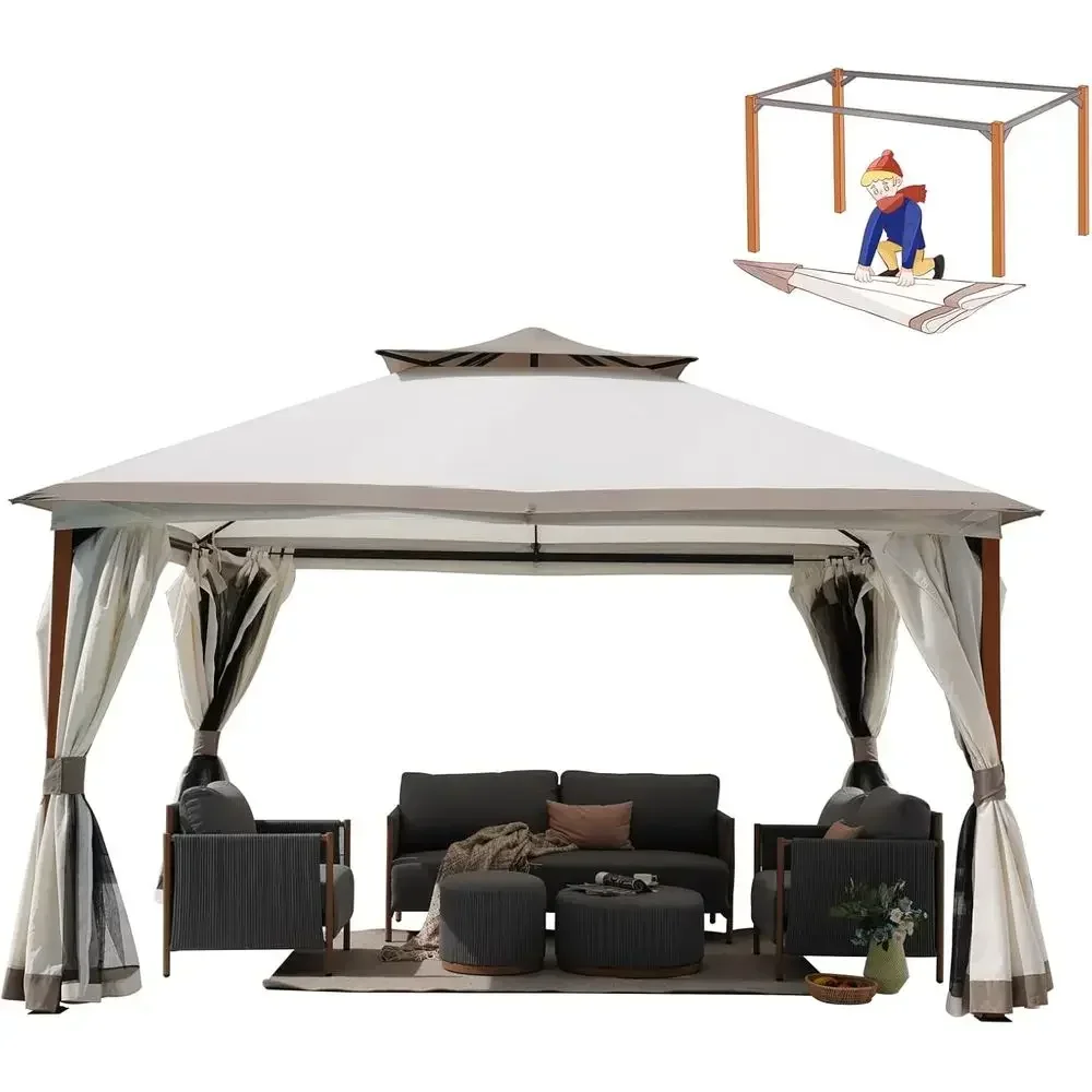 Quick Assembly Detachable 10x13 Outdoor Double Gazebo with Mosquito Netting and Curtains, Ideal for 130 Sq Ft Shade, Beige
