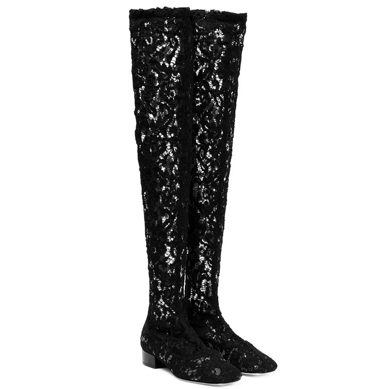 Aucegi Sexy Mesh Floral Lace Women Dance Zipper Over The Knee Boots Square Toe Low Thick High Heels Black Dress Dancing Shoes