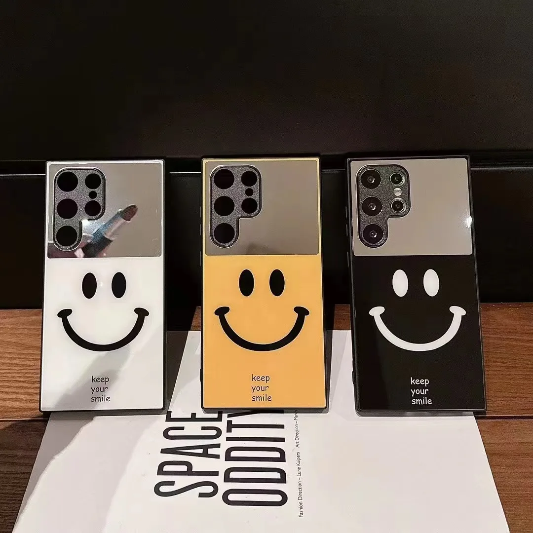 

Keep Your Smile Make-up Mirror Glass Phone Case For Samsung S25 S24Plus S23Ultra S22+ Full Cover Skinny Shell Body Protection