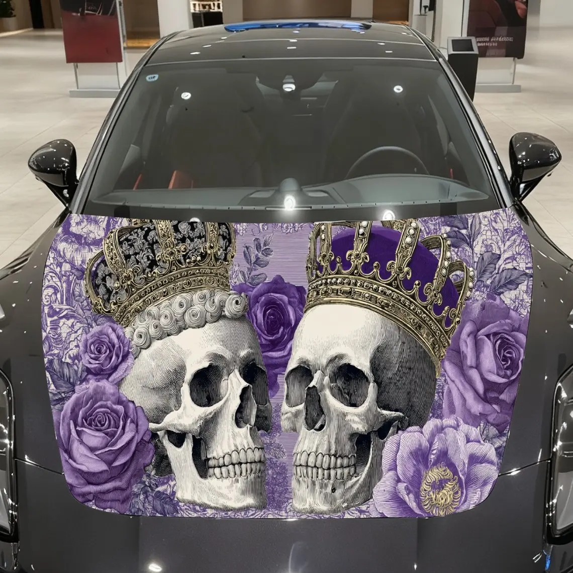

Gothic Skull Car Hood Wrap, Purple Rose Crown Themed Car Hood Decal, Car Exterior Accessory, Waterproof and Self-adhesive Auto C