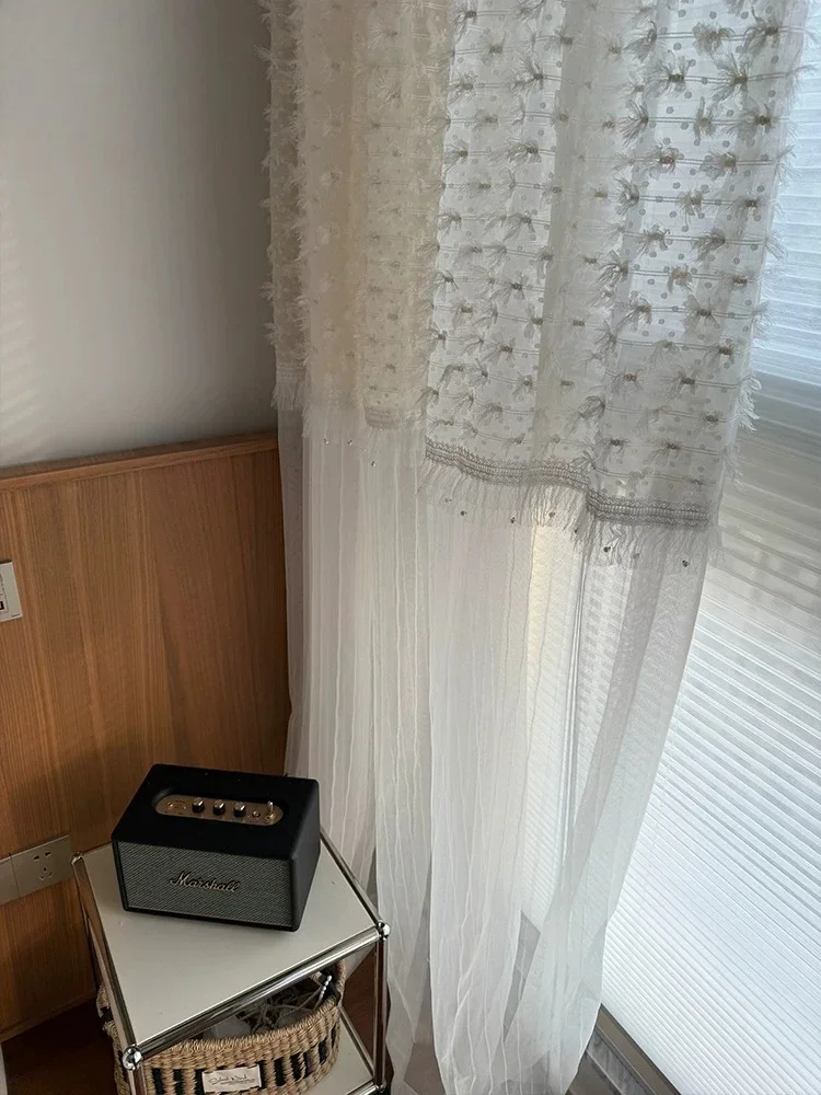 French Cream Beige Lace Gauze Customized Curtain Blackout Bedroom Double-layer Gauze One-piece Cute Pleated Fabric Sheer