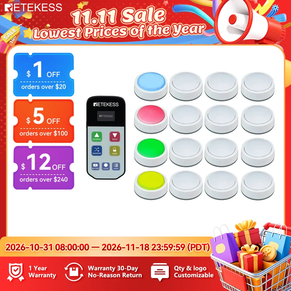 RETEKESS TM102 Wireless Quiz Answer Game Buzzer System 3 Answer Modes 4 Color States For Competition Game Show Family Party Game
