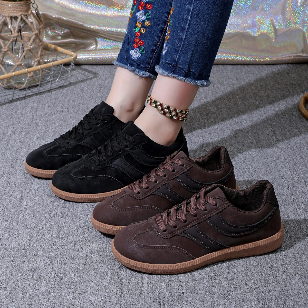 Retro Brown Sneakers Women 2026 Flat Trend German Training Shoes Woman Plus Size Non-slip Thick Sole Vulcanize Shoes for Women
