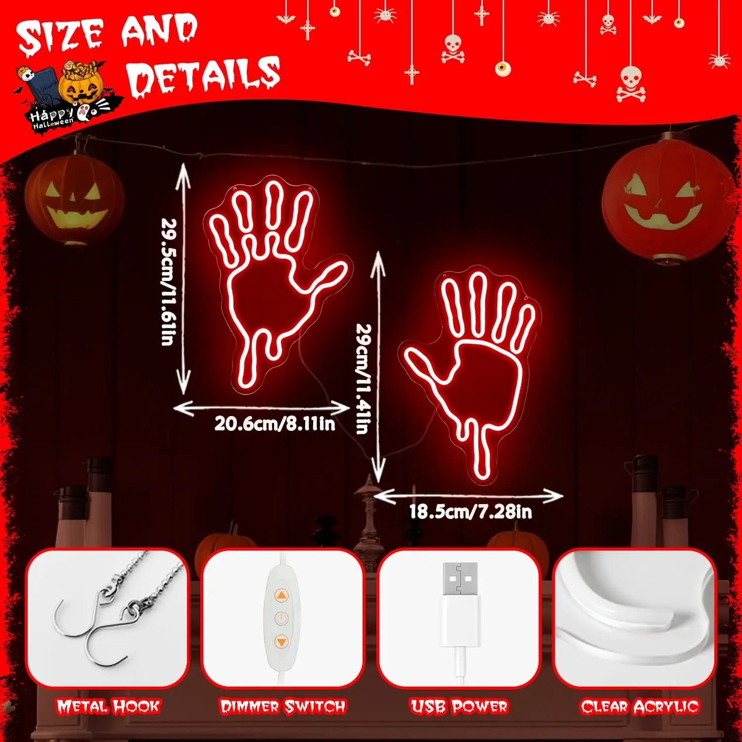 Halloween Bloody Handprint LED Neon Sign USB Powered Neon Light, Window Horror Decor Home Gaming Room Bar Party Decoration Gift