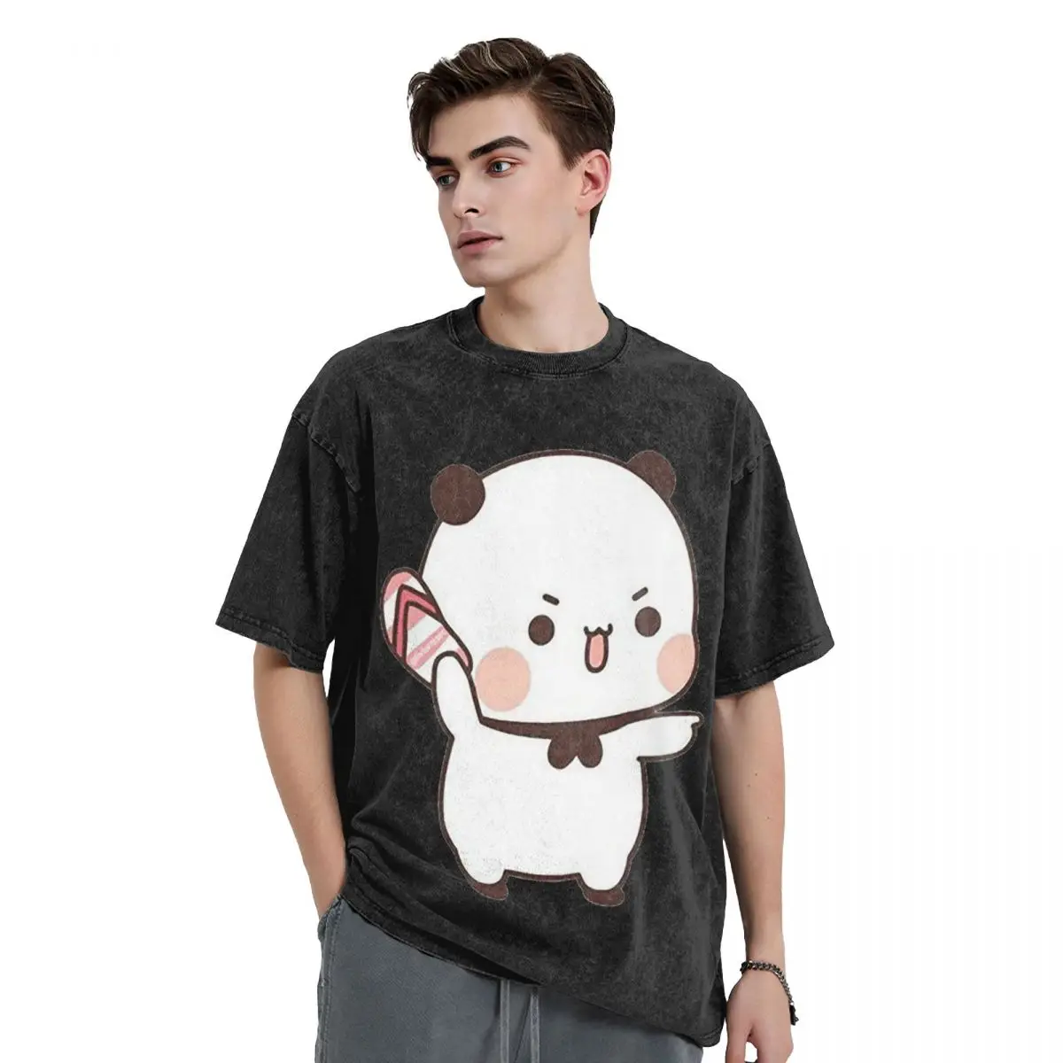 Cute Bubu Is Throwing Flip-flops At Dudu Washed T Shirts Vintage Short Sleeve Hip Hop T-Shirt Streetwear Tops Tees for Men Women