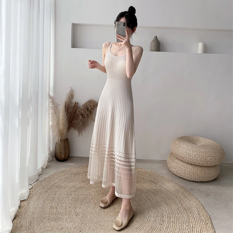 MEXZT Elegant Striped Midi Dress Women Mesh Patchwork One Pieces Dresses Korean Spaghetti Strap Slim A Line Vestidos Spring New