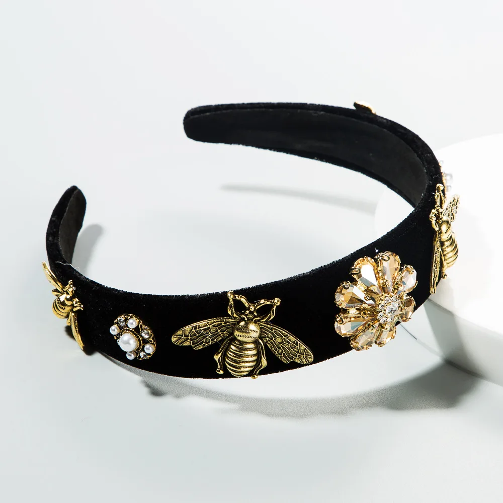 Women Elegant Retro Velvet Wide Headband Antique Gold Bee Rhinestone Pearl Decor Padded Hair Hoop Party Hair Accessories