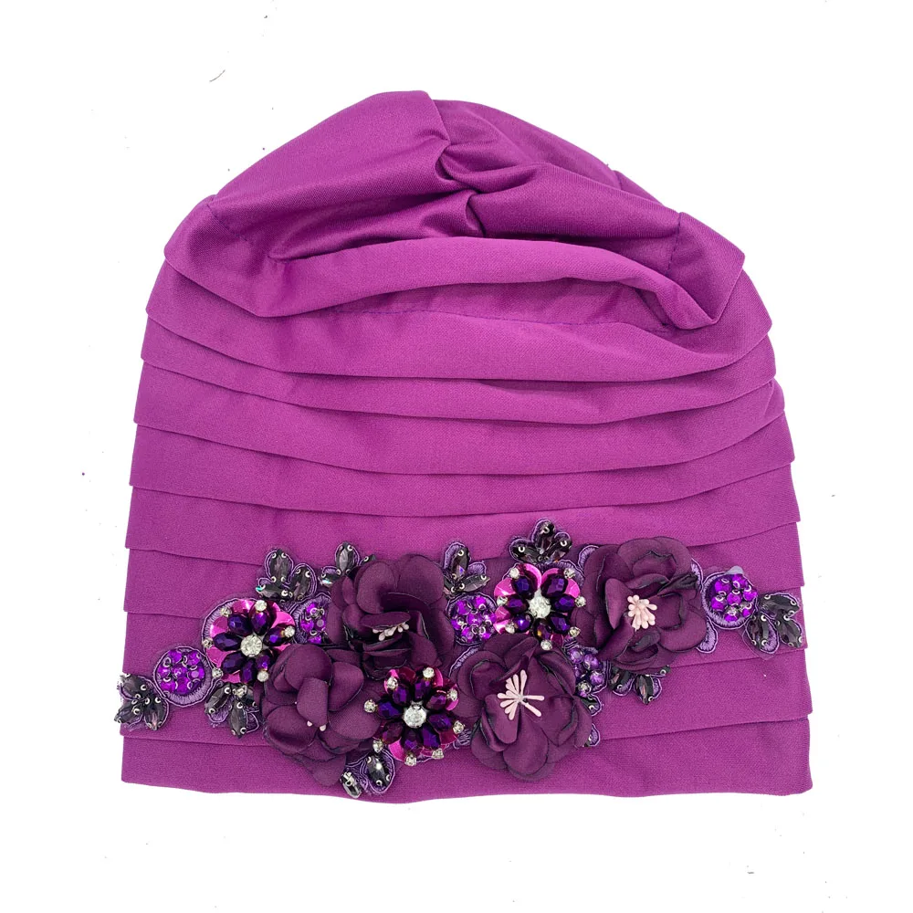 Elegant Flower Diamonds Women\'s Turban Cap African Party Headwear Lady Head Wrap Bonnet Muslim Hijab Hat turbante mujer