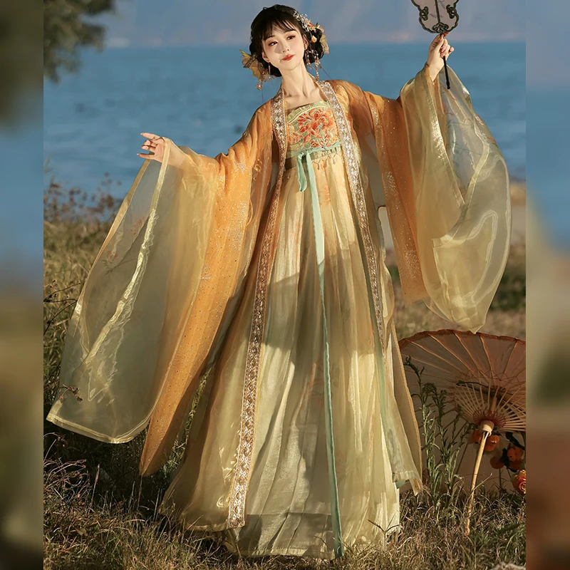 

Традиционное женское платье ханьфу династии Тан, сценический костюм в древнем китайском стиле, танцевальное платье принцессы ханьфу, наряд для народного танца