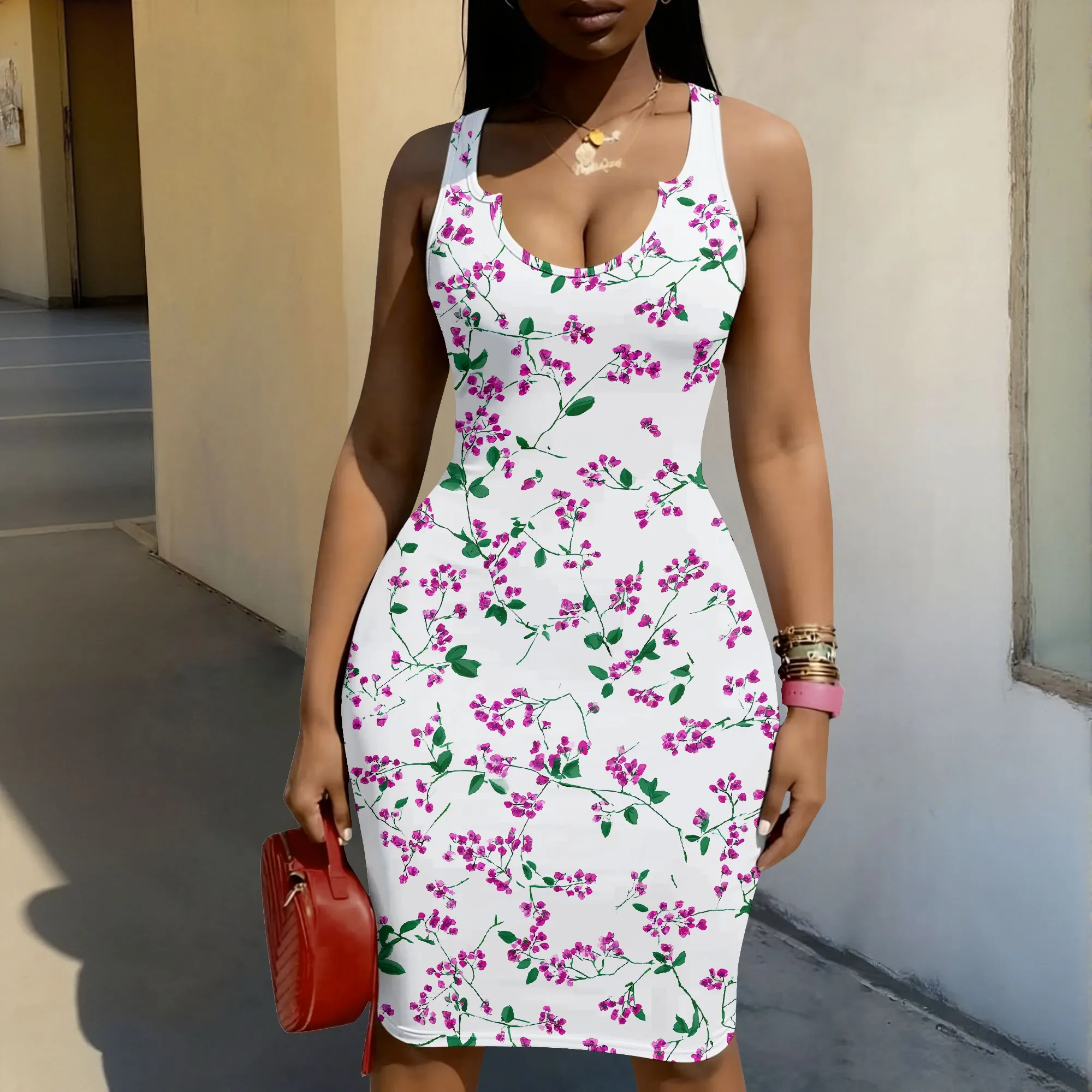

Floral Print Bodycon Dress, Pink Cherry Blossom Pattern Sleeveless Tank Dress, Summer Beach Vacation Party Wear for Women