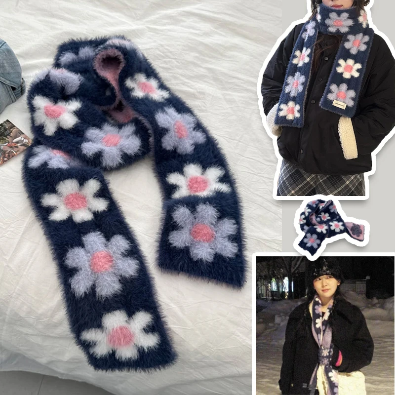 Syal Panjang Bulu Halus Ungu Motif Bunga untuk Wanita Musim Dingin, Gaya Lolita Korea, Hangat Tebal, Aksesoris Fashion untuk Sekolah, Kantor, Hadiah Festival