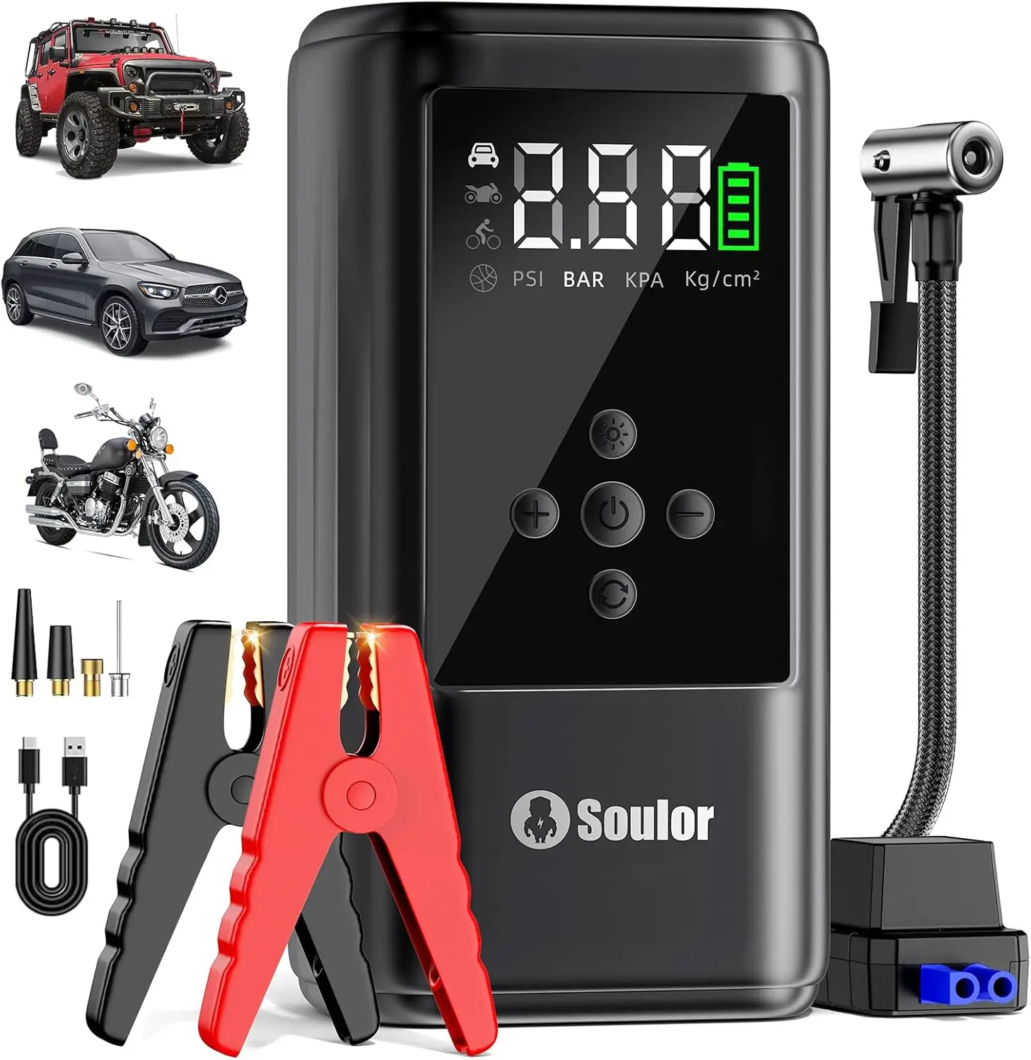 

Portable 10-in-1 Car Jump Starter with 160PSI Air Compressor, LED Light, and Cables for All Vehicles