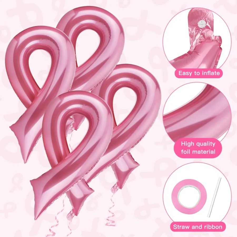 Balões de câncer de mama Decorações de conscientização do câncer de mama 4 PCS Balões de folha em forma de fita rosa Grande conscientização do câncer de mama