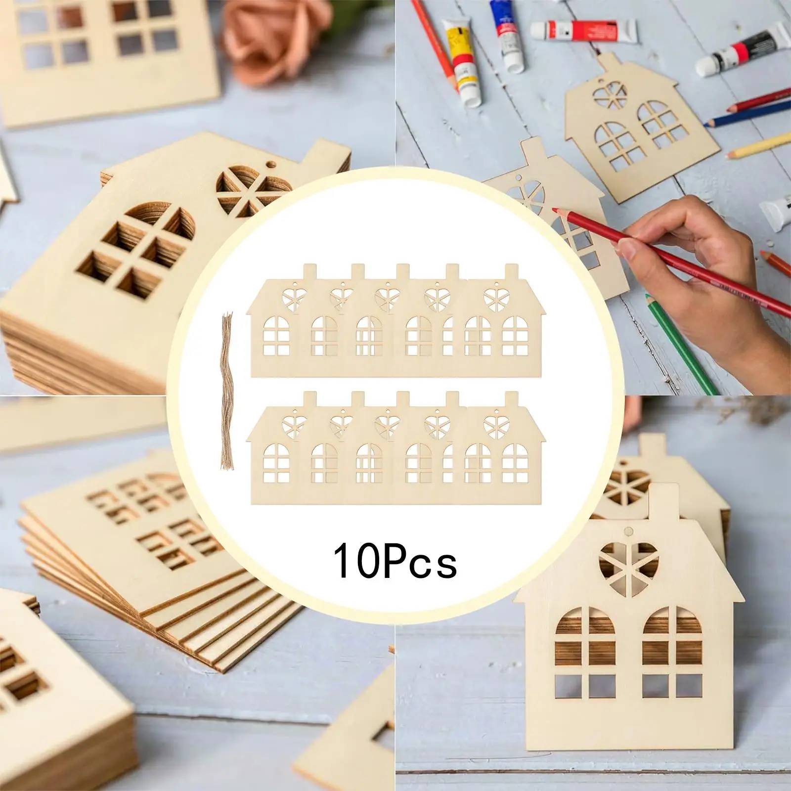 10 Pieces Wooden House Shaped DIY Craft Cutouts Unfinished Wood with Ropes Embellishments Gift Tags Ornaments