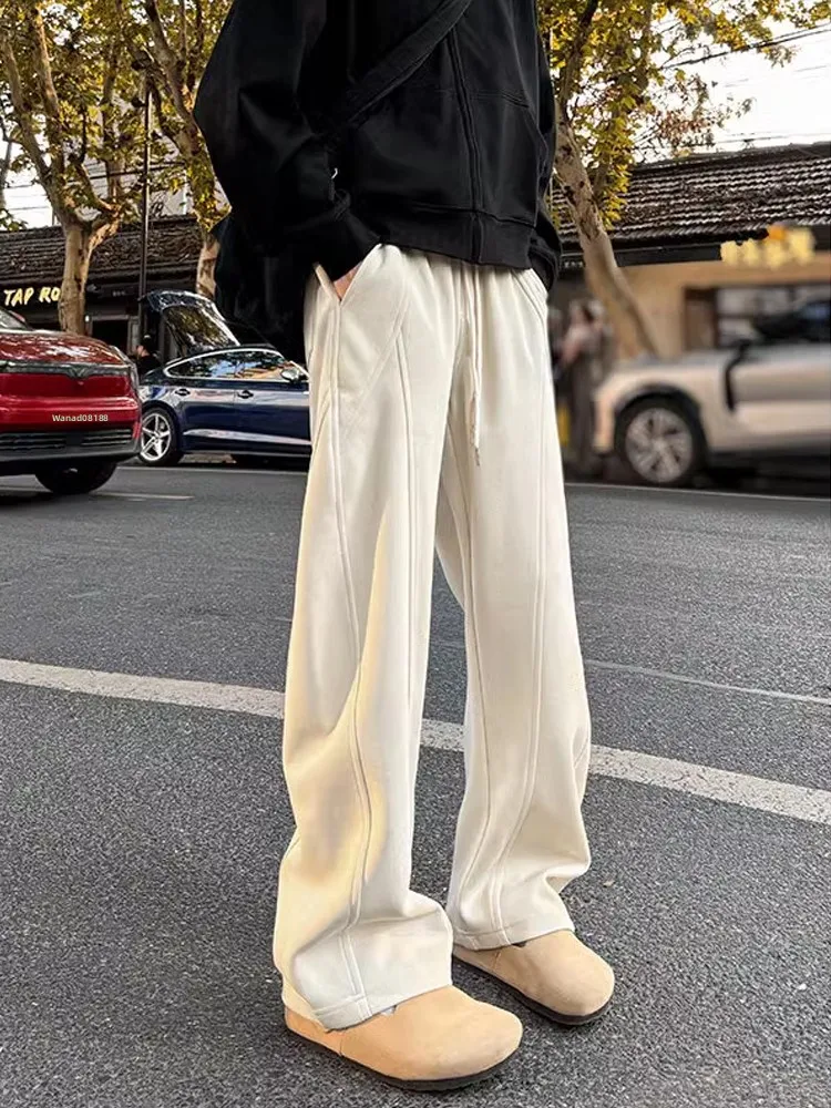 

American Sle Heavyweight Curved Blade Sweatpants Men's Autumn Winter Cleanfit Patchwork Loose Straight Casual Sports Pants