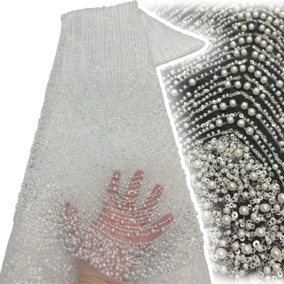 ミントグリーンの高級アフリカ製ハンドメイドヘビービーズレース生地、高品質フランス製スパンコールチュールレース、ウェディングドレス用 TP1690