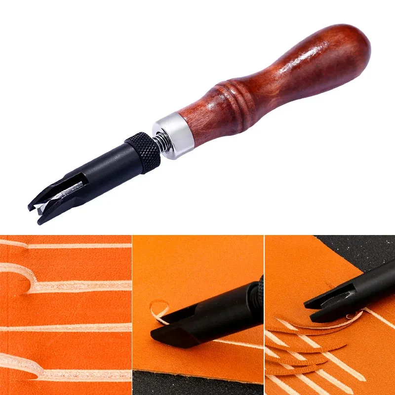 Fenrry Wood Handle Durable V Type Push Grooving Device Adjustable Handle Groover Craft Gouge Tools Sewing Leather Craft Tools