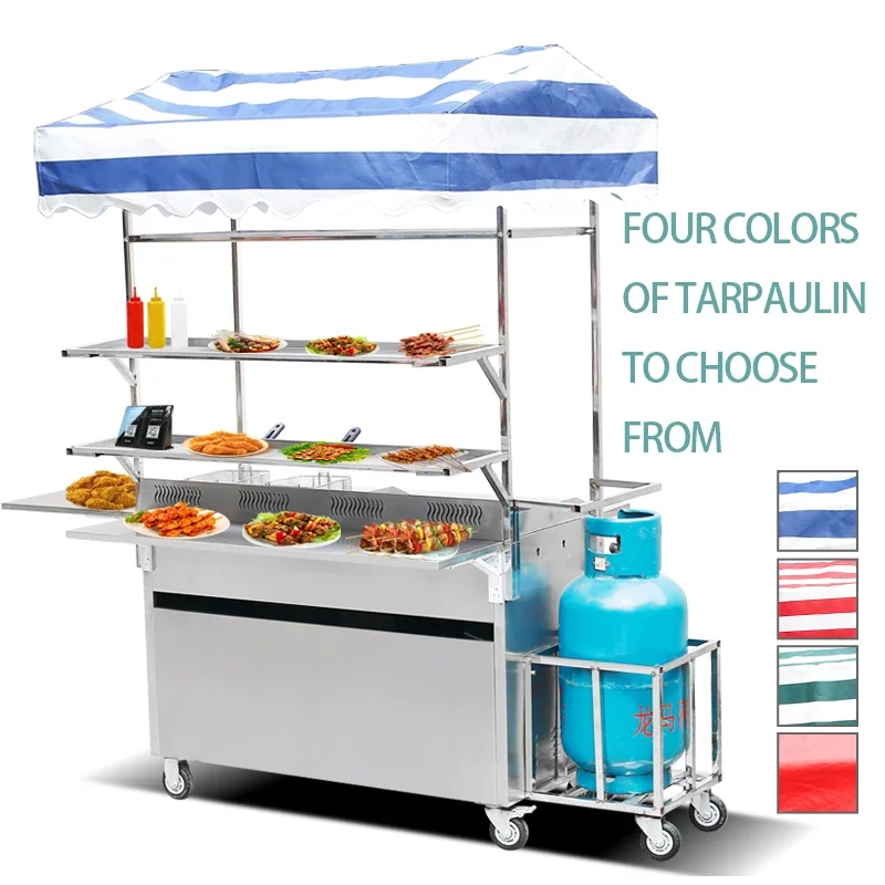 Gas Mobile Snack Cart Commercial Mobile Stall Grill Plate Warmer Cart Convertible Hand Trucks Outdoor Rolling Moving Food Cart