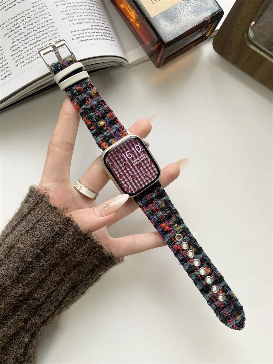 Bracelet en cuir velours à carreaux en laine, adapté pour Apple Watch, iWatch S987 génération 654SE, 41mm ultra, 49mm, 45mm, automne et hiver