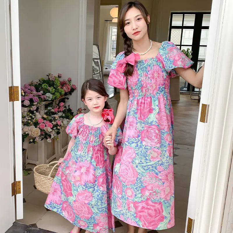 Mother Kids Girls Clothes Matching Outfits for The Family Summer Cotton flower Dress for Women Mom and Daughter Matching Clothes