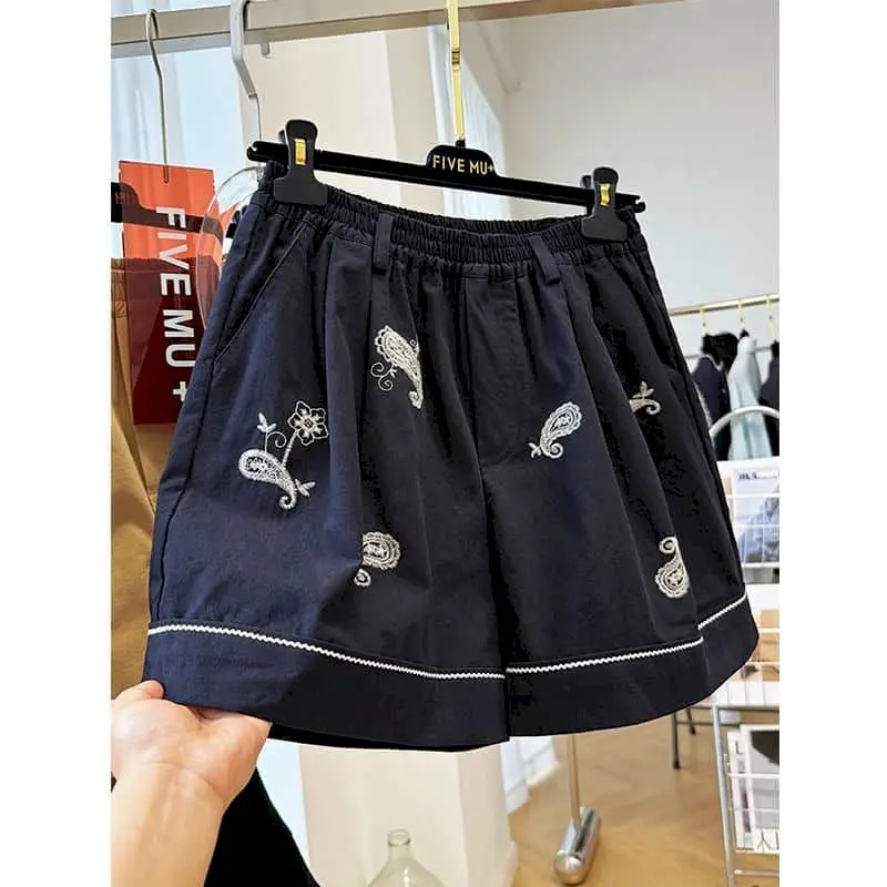 

Solid Shorts Women 2026 Summer Embroidery Vintage A-line Elastic Waisted Wide Leg Pants Casual Cargo Shorts Loose Women Clothing