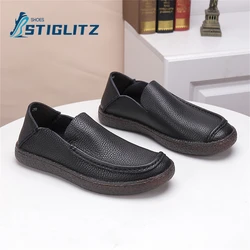 Embossed Stitching Cowhide Loafers Round Toe Shallow Slip On Flat Casual Shoes for Men Oxford Soft Sole Men's Leather Shoes New