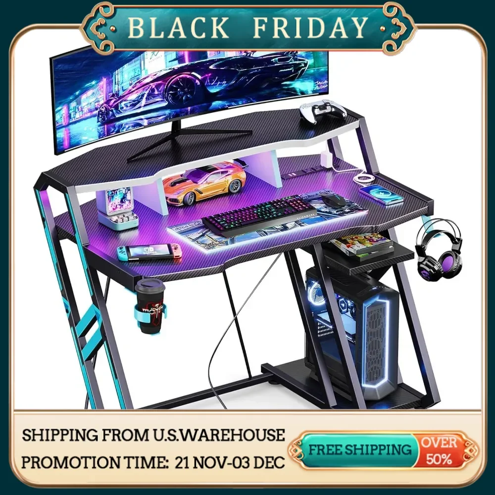 Carbon Fiber Textured Gaming Table Gaming Table With Power Sockets and LED Lights Boys Men Gifts Writing Desk Organizer Computer