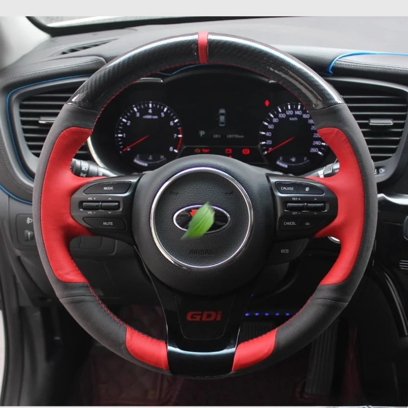 

Hand-Stitched Non-Slip Carbon Fiber Black Red Genuine Leather Car Steering Wheel Cover For Kia K5 Optima 2014 2015