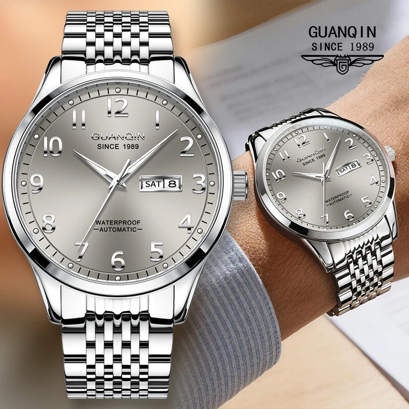 

GUANQIN Премиальные автоматические механические мужские часы, элегантные деловые стальные наручные часы, оригинальный бренд, настоящий подарок для мужчины