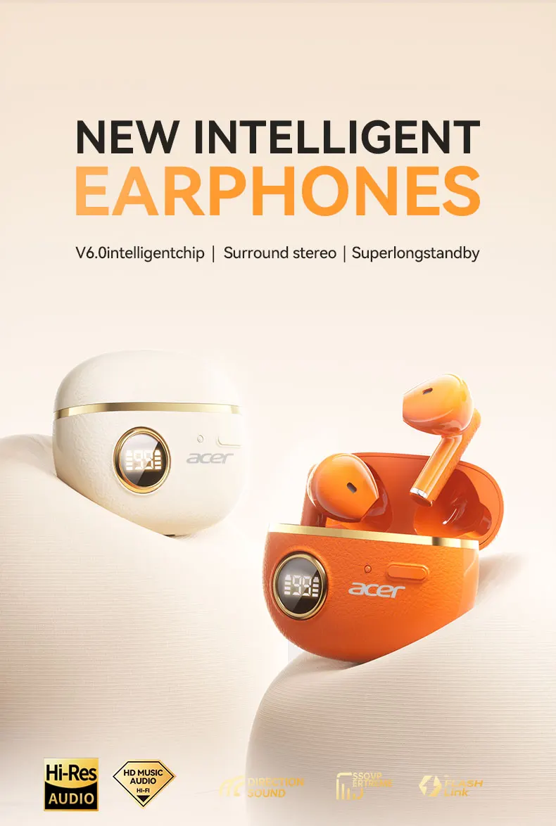 Acer Genuine Wireless Bluetooth Earphones, Semi-In-Ear Type, Latest 6.0 Chip with Stable Transmission, Coil Speaker for Directional Sound Transmission, High-Resolution Audio for Clear Calls