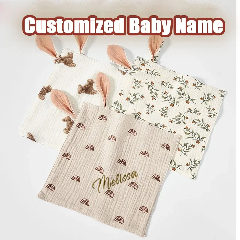 Gepersonaliseerde Baby Items Dekbed Veiligheidsdeken Katoenen Mousseline Handdoek Voor Pasgeborenen Slapende Pop Kalmeren Burp Doek Cadeau