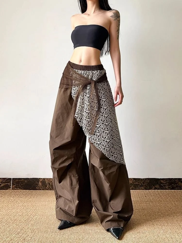 American retro hot girl Harajuku style workwear casual pants Spring and Autumn women's loose lace patchwork versatile pants